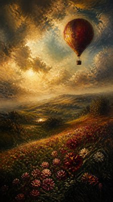 a hot air balloon drifting over rolling flower fields on a sunny day, cheerful, no text