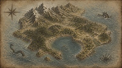 a map of an island realm with mountains, forests, a sheltered bay, sea monsters in the water and a compass rose, no text labels