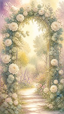 an arch of white roses and eucalyptus in soft morning light, elegant vertical composition with open space, no text