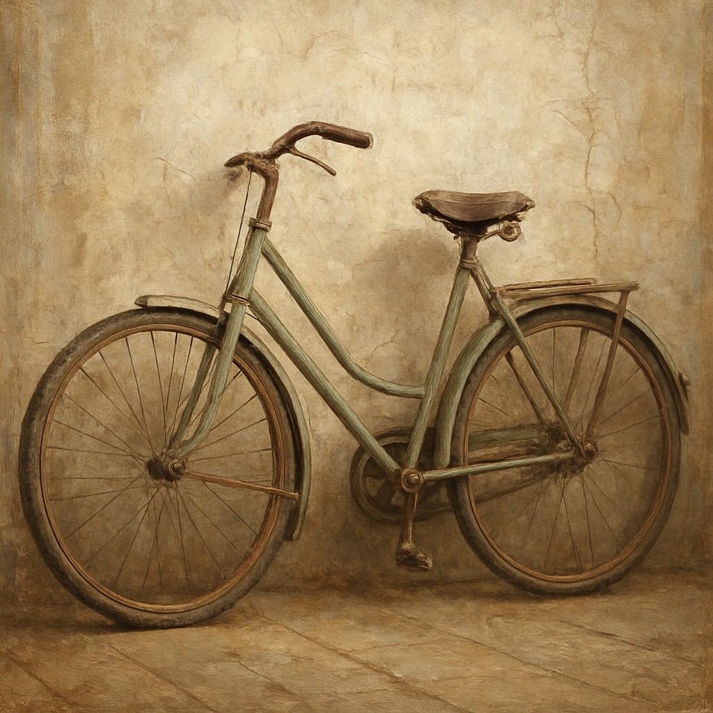 bicyle resting against a wall