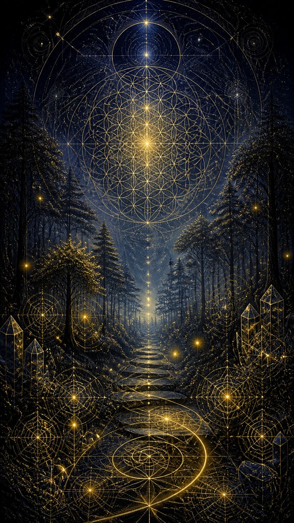a mysterious forest path with fireflies and drifting mist, atmospheric vertical composition with open space at the top, no text