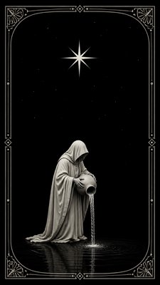 a robed figure pouring water beneath a large eight-pointed star in a night sky, symmetrical composition with an ornate decorative border, no text