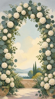 an arch of white roses and eucalyptus in soft morning light, elegant vertical composition with open space, no text