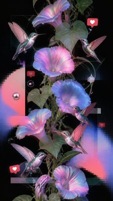 a climbing vine of flowers and hummingbirds on a dark background, tall wrapping composition, no text