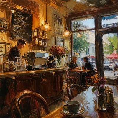 cozy cafe interior with warm lighting