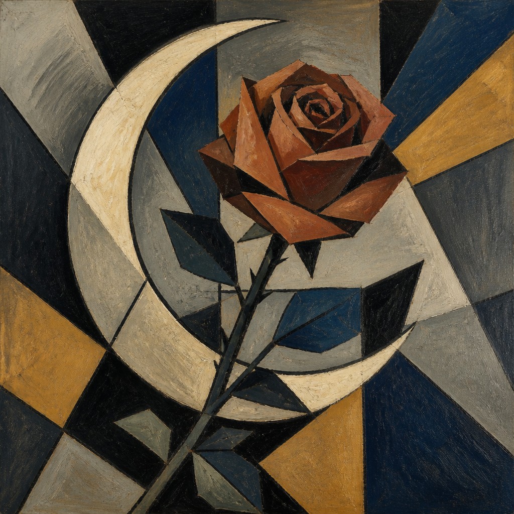 a rose entwined with a crescent moon, clean balanced composition on a plain background, no text