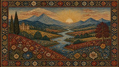 a vast valley with a river winding toward distant mountains at sunrise, no people, no text