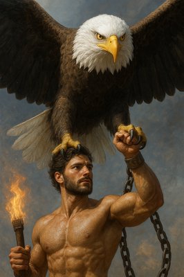a man with a bald eagle on his head holding a sword