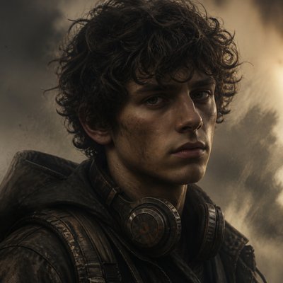 head-and-shoulders portrait of an original character: a young man with curly dark hair and headphones around his neck, plain backdrop, no text