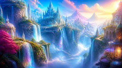 a cliffside city with waterfalls cascading into a misty canyon, wide establishing shot, no people, no text