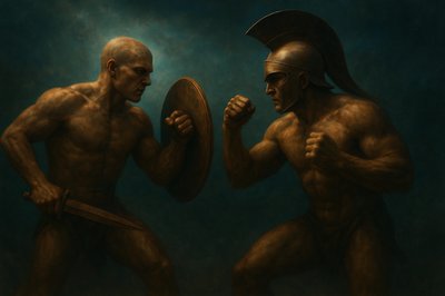 a painting of two men fighting with each other