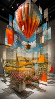 a hot air balloon drifting over rolling flower fields on a sunny day, cheerful, no text