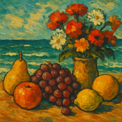 still life arrangement of fruits and flowers