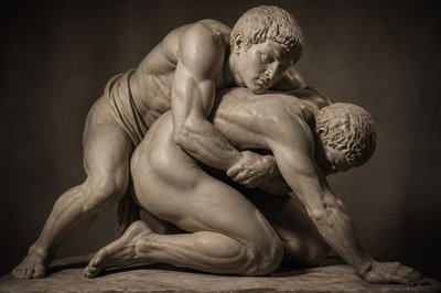 the young Plato competing as a wrestler with another wrestler