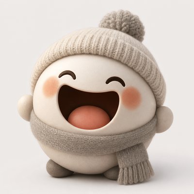 an exaggerated laughing face of an original round mascot character, bold and readable at small size, plain background, no text