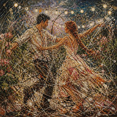 an original couple dancing under string lights in a garden at dusk: a man with short black hair in a linen shirt and a woman with braided red hair in a summer dress