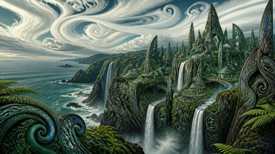 a cliffside city with waterfalls cascading into a misty canyon, wide establishing shot, no people, no text
