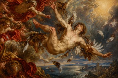 ancient story of ignudi Icarus falling from the sky with feathers being scattered around
