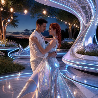 an original couple dancing under string lights in a garden at dusk: a man with short black hair in a linen shirt and a woman with braided red hair in a summer dress