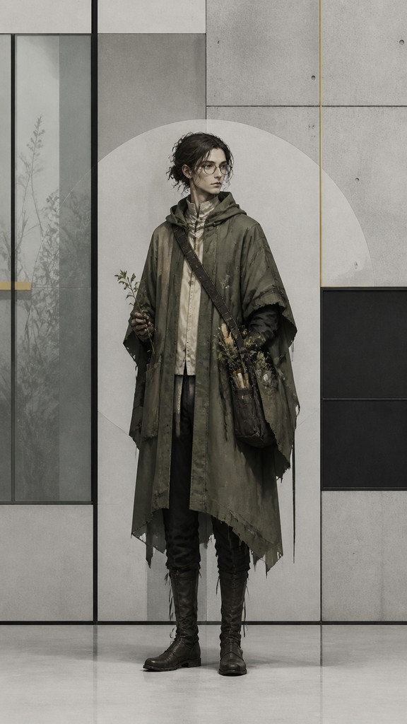 full-body original character: a wandering botanist with a satchel of plants, a patched green cloak, tall boots and round glasses, neutral background