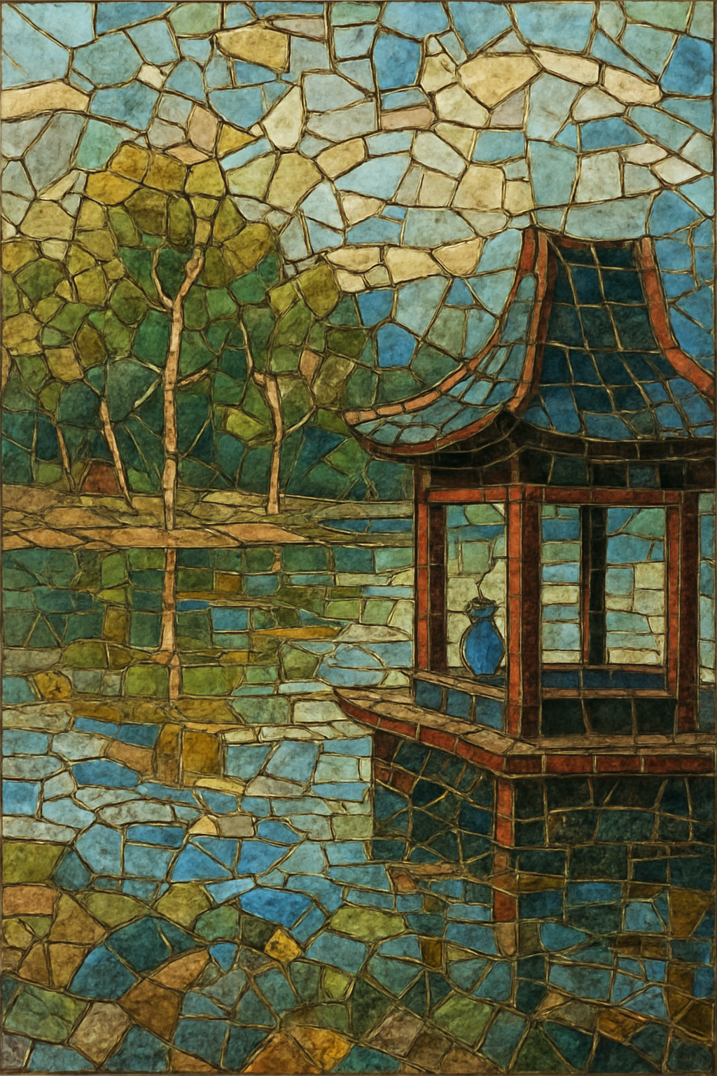 a painting of a gazebo on the water