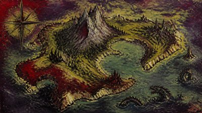 a map of an island realm with mountains, forests, a sheltered bay, sea monsters in the water and a compass rose, no text labels