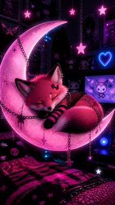 a sleeping baby fox curled on a crescent moon among soft stars, gentle and warm, no text