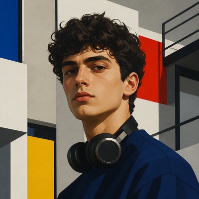 head-and-shoulders portrait of an original character: a young man with curly dark hair and headphones around his neck, plain backdrop, no text