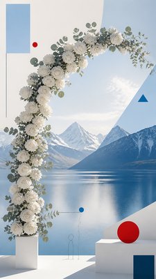 an arch of white roses and eucalyptus in soft morning light, elegant vertical composition with open space, no text