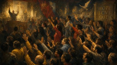 a painting of a crowd of people raising their hands