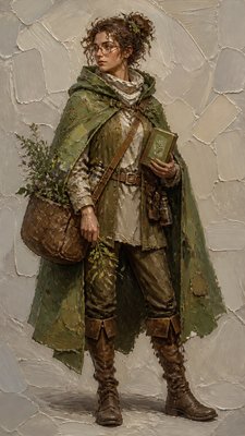 full-body original character: a wandering botanist with a satchel of plants, a patched green cloak, tall boots and round glasses, neutral background