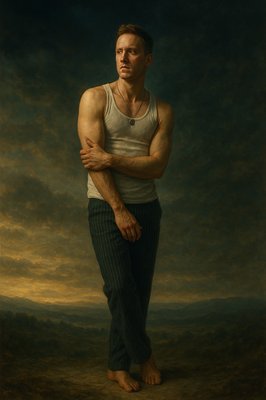 a painting of a man with his arms crossed