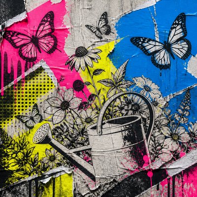 a garden scene with butterflies, flowers and a watering can, clean uncolored line art, no text