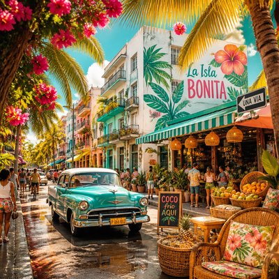 urban street with city activity — Tropicalcore Aesthetic