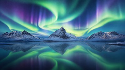 a flowing aurora over snowy peaks, wide sweeping composition, no people, no text