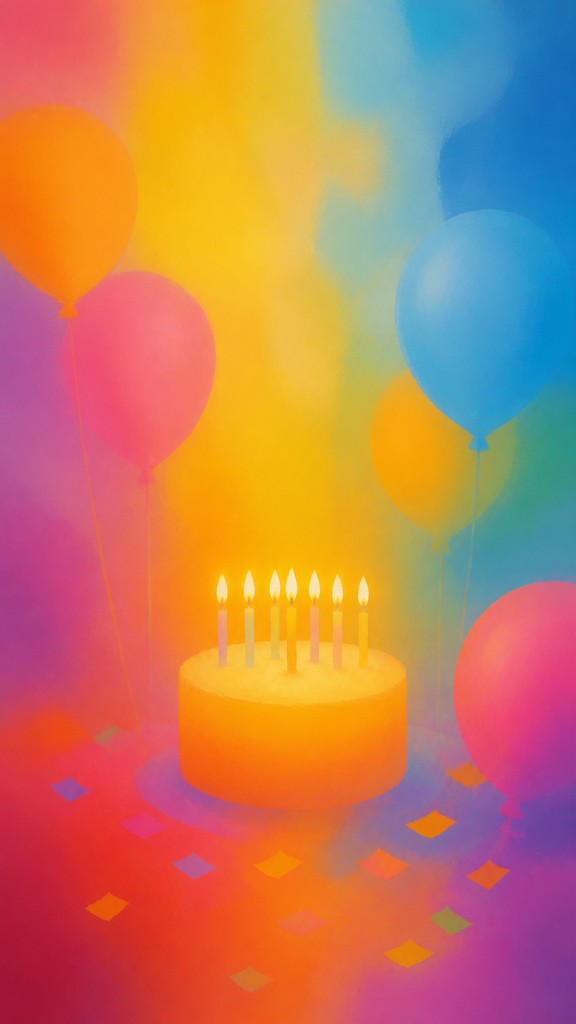 a birthday cake with lit candles surrounded by balloons and confetti, festive vertical composition, no text
