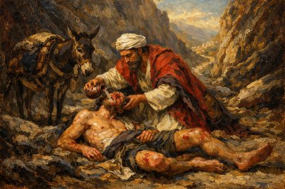 First century Palestine on the road toward Jericho.  In a treacherous pass, a man lies on the roadside, beaten half to death.  A passerby with a donkey is trying to help.  The story of the good samaritan.