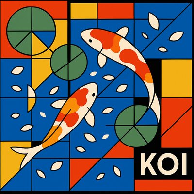 A koi pond seen from above, orange and white koi fish swimming among lily pads, clear water with subtle ripples, fallen cherry blossom petals floating on the surface, dappled sunlight