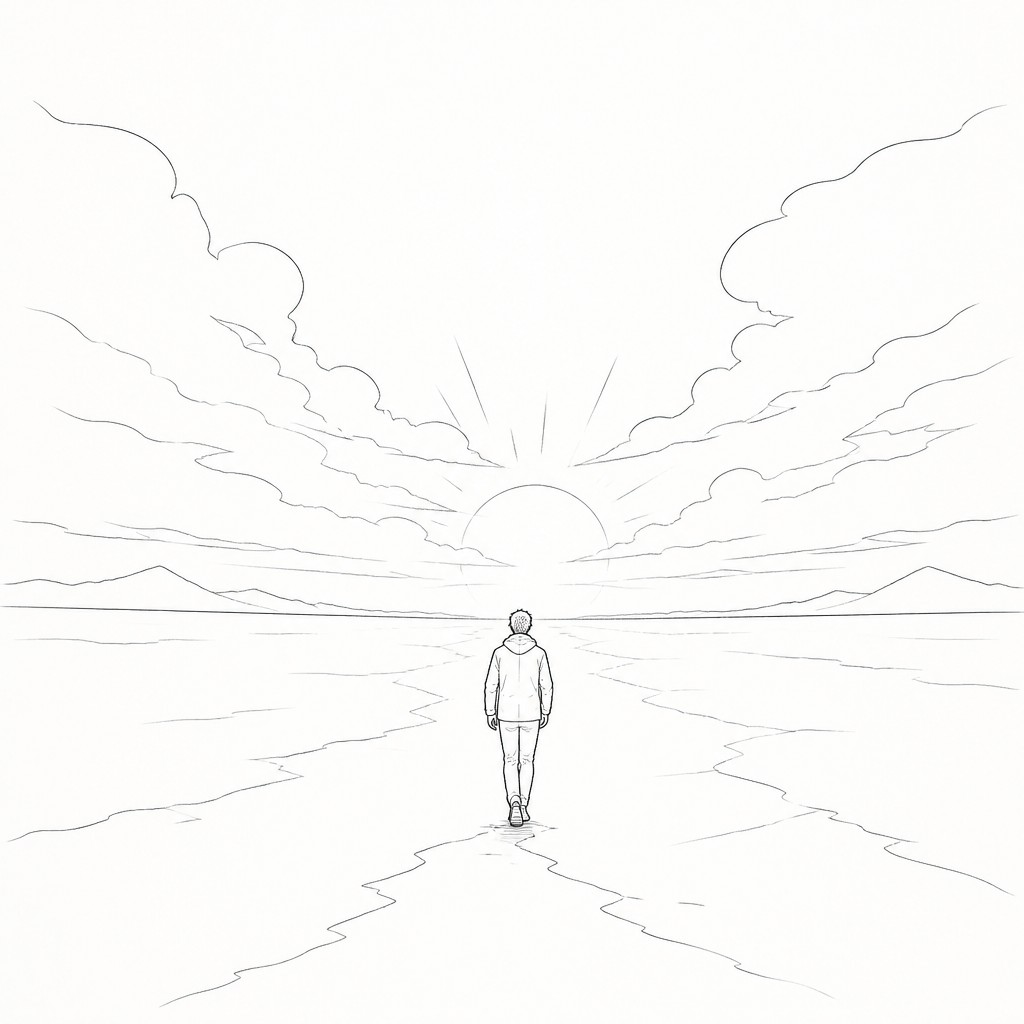 a solitary figure walking toward a glowing horizon across an empty plain, moody atmosphere, no text or lettering
