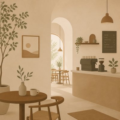 cozy cafe interior with warm lighting