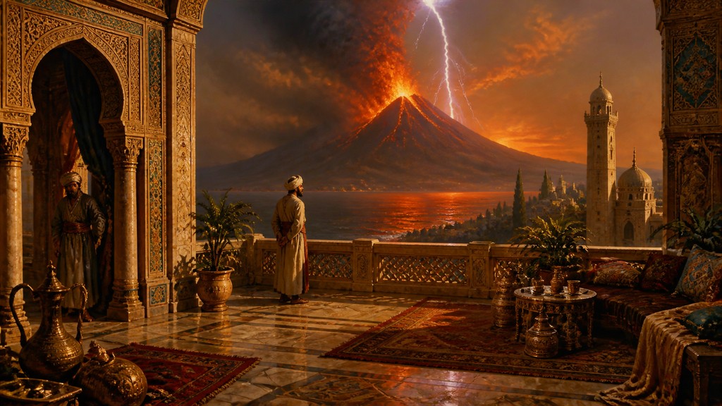 an erupting volcano with lightning strikes, dramatic wide composition, no text