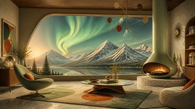 a flowing aurora over snowy peaks, wide sweeping composition, no people, no text