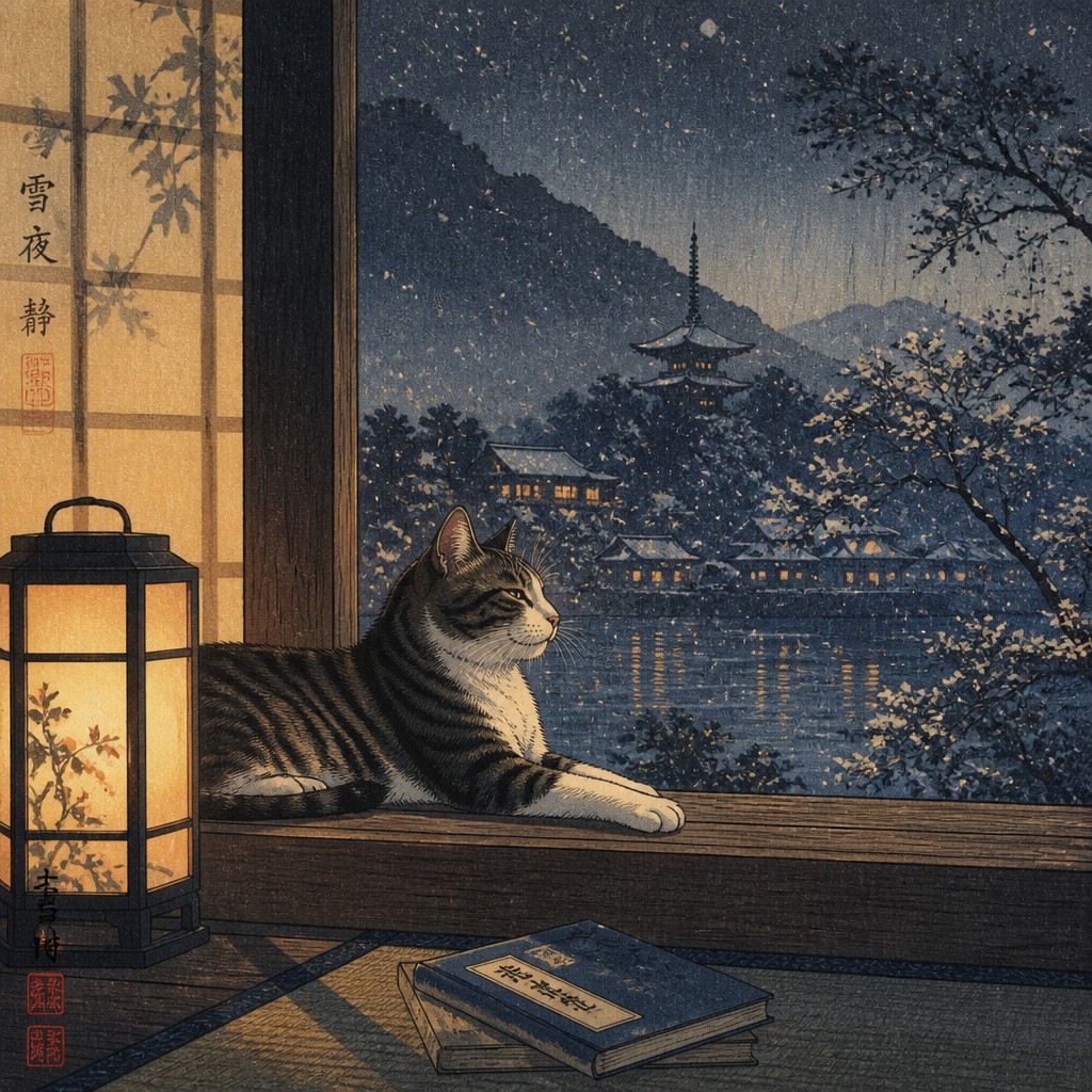 a cat lounging in a sunlit window — Shin-hanga Print Style