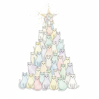  a whimsical christmas tree made of cats, with many small cats stacked on top to form the shape of an xmas star, white background, simple watercolor style, minimalism, pastel tones, simple details, hand-drawn illustration, pasted picture, simple lines, simple drawing style, white background, white space