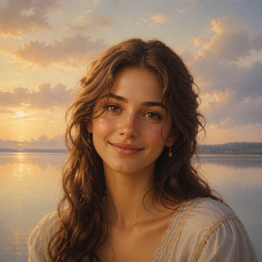 head-and-shoulders portrait of an original character: a young woman with wavy chestnut hair and a warm smile, plain soft backdrop