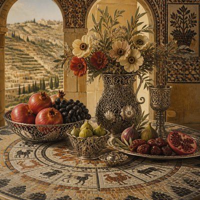 still life arrangement of fruits and flowers