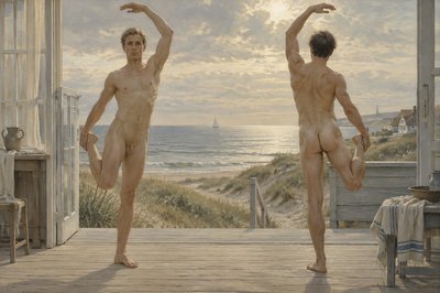 danish seacoast scene one front view and one back view of two standing ignudi athletes doing stretching leg and hand yoga exercises 