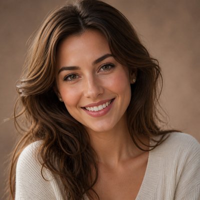 head-and-shoulders portrait of an original character: a young woman with wavy chestnut hair and a warm smile, plain soft backdrop