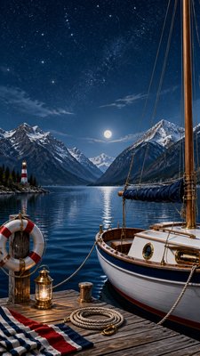a tranquil mountain lake beneath a starry night sky, no people, no text