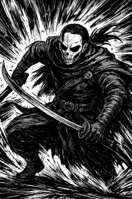 a black and white drawing of a skeleton holding a sword